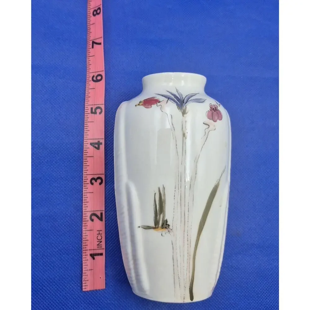 Vintage Barbara Baatz Signed Ceramic Vase Handpainted Florals on White 6
